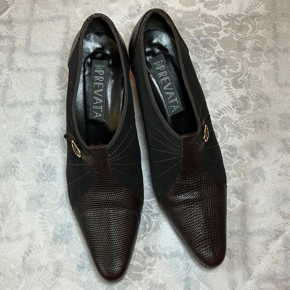 PREVATA Shoes, Alto Karung Calf Chocolate Leather & Fabric Pumps, Size 8 B - EUC